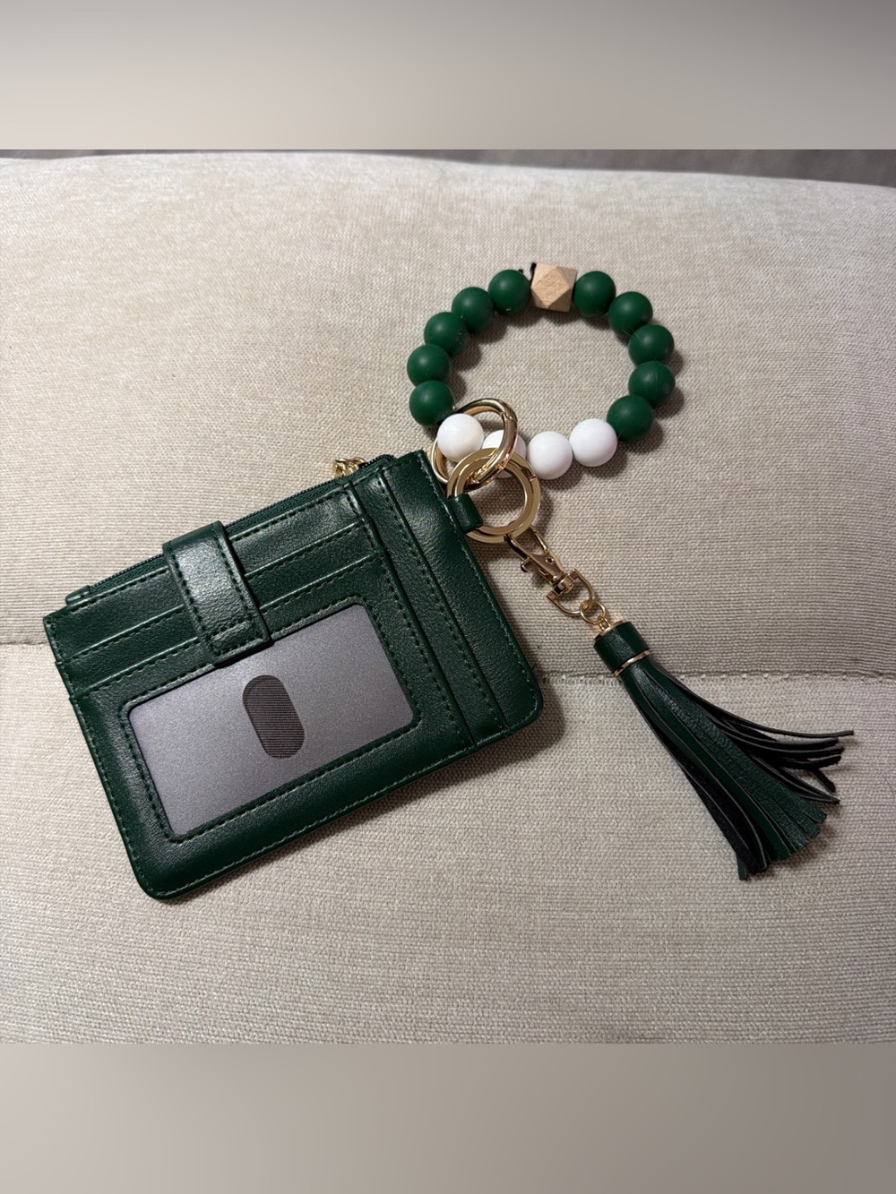 Green Leather Cardholder Wristlet Keychain with Tassel